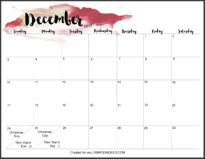 Watercolor calendar December 2017