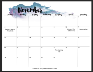 Watercolor calendar November 2017