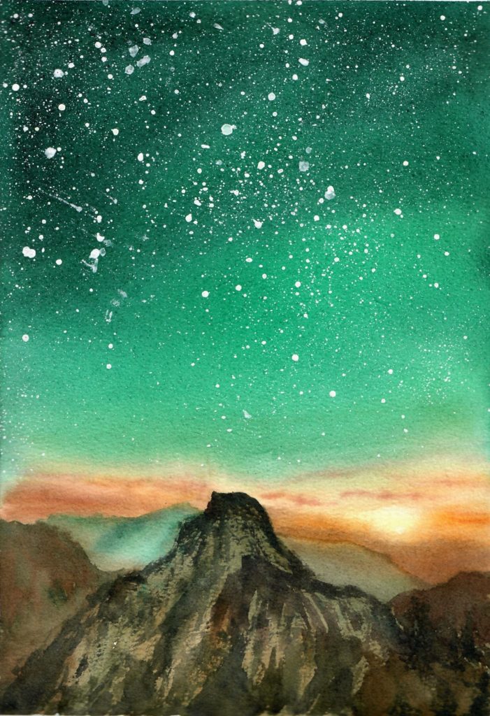 Starry Night 9x12 original watercolor by Qi Han
