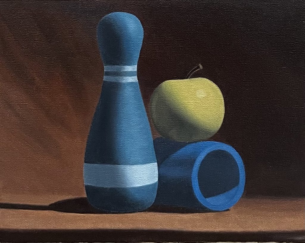 Apple cylinder and bowling pin Still Life Oil Painting 9x12 by QI HAN