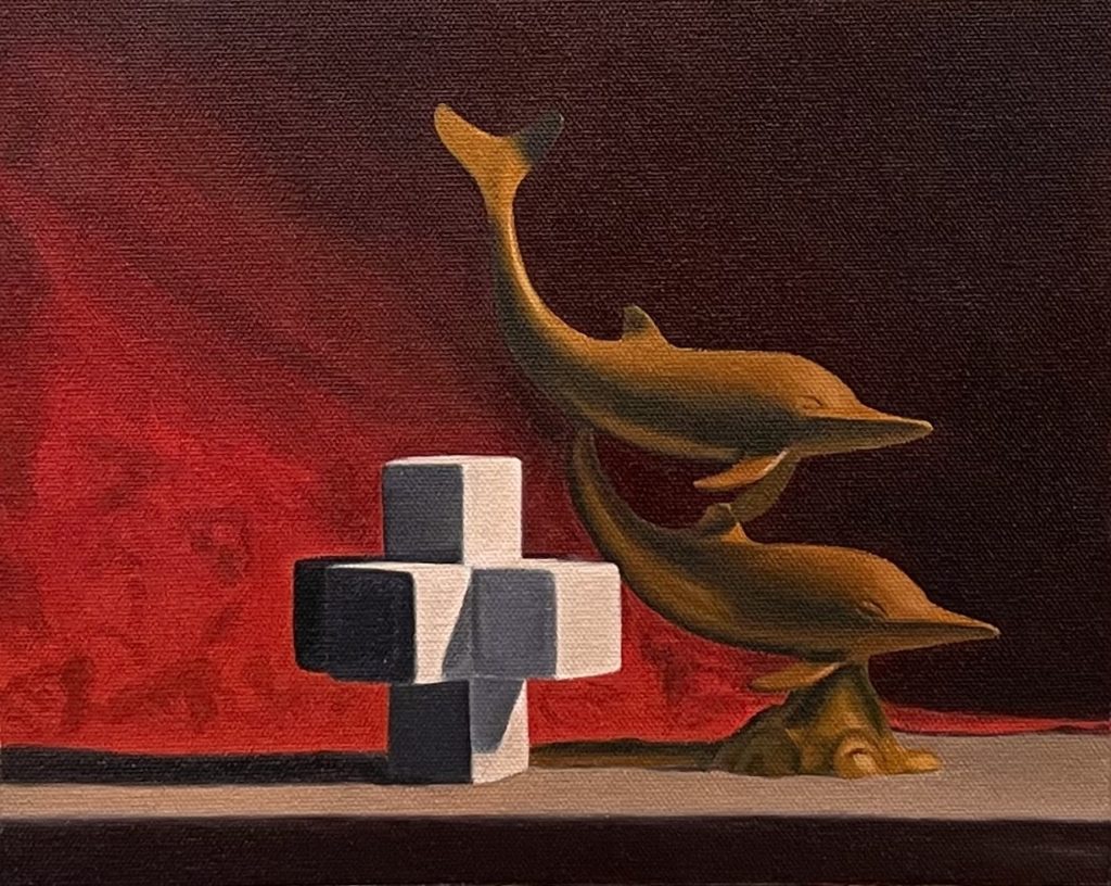 Dolphin statue and a cross Still Life Oil Painting 9x12 by QI HAN