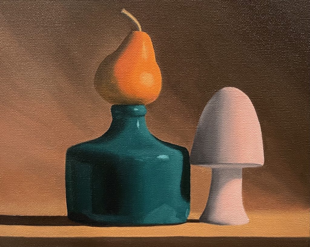 Mushroom pear and vase Still Life Oil Painting 9x12 by QI HAN