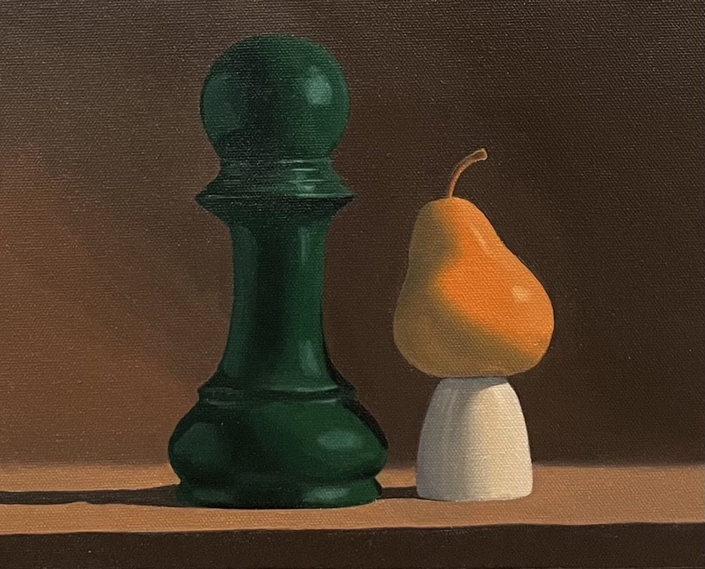 Pear cup and pepper mill Still Life Oil Painting 9x12 by QI HAN