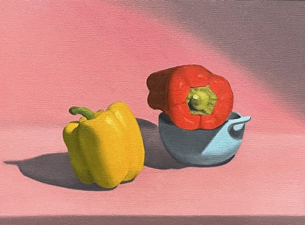Two bell peppers and a bowl Still Life Oil Painting 9x12 by QI HAN