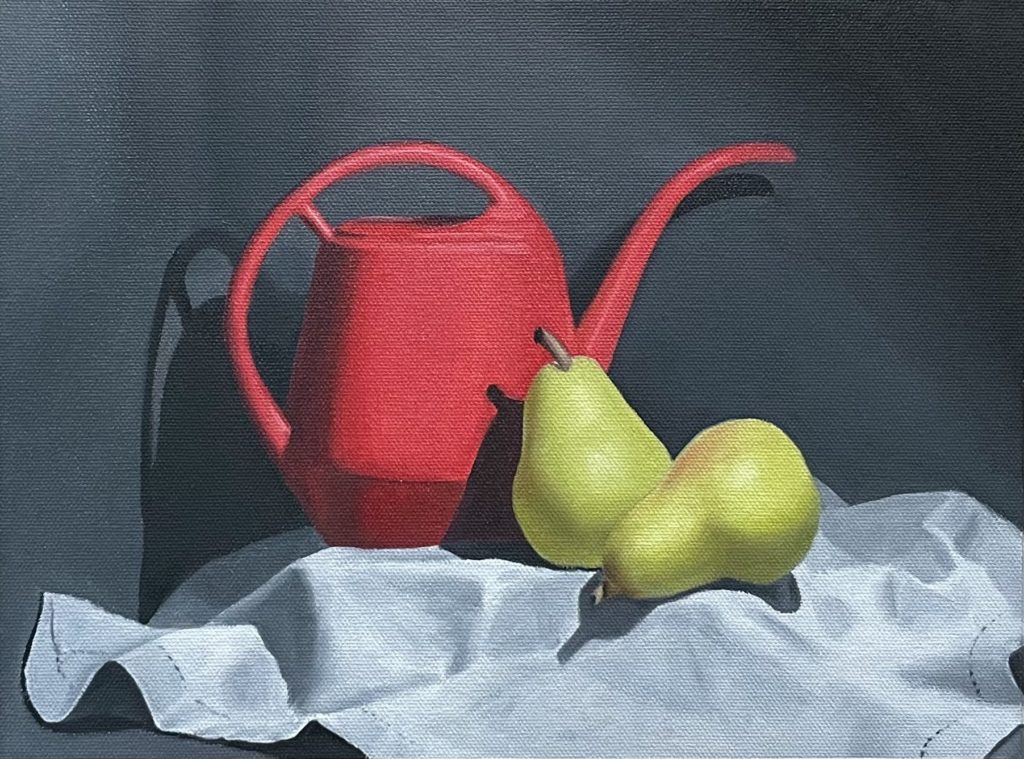 Two pears and a watering can Still Life Oil Painting 9x12 by QI HAN