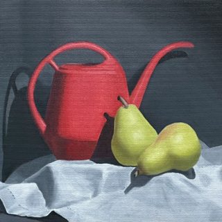 Two pears and a watering can Still Life Oil Painting 9x12 by QI HAN