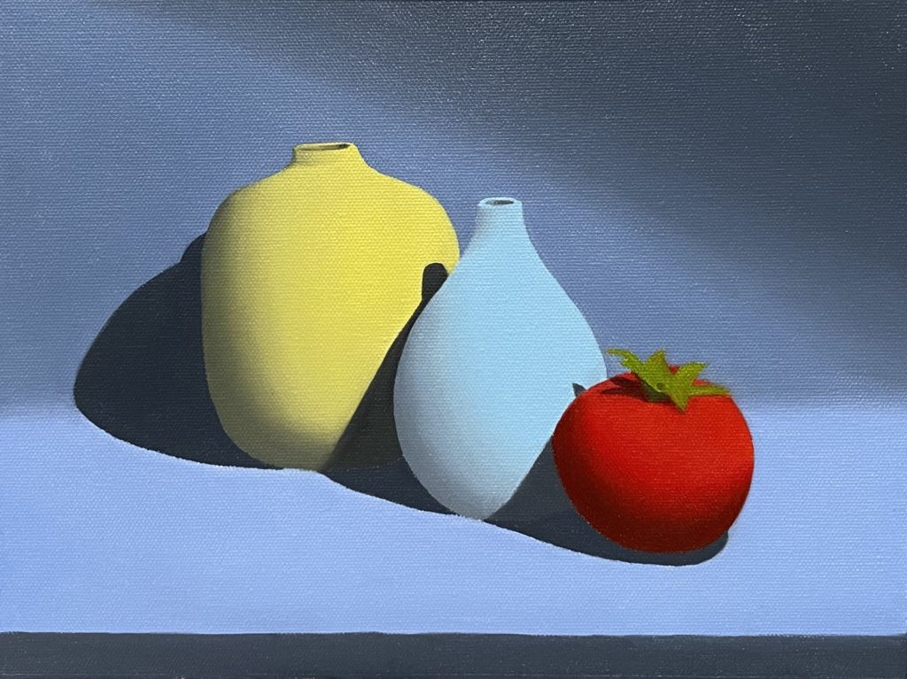Two vases and a tomato Still Life Oil Painting 9x12 by QI HAN